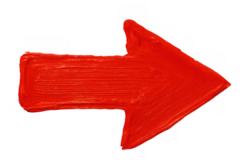 Red paint forming an textured arrow pointing right, symbolizing direction, progress, and attention. Isolated element with transparent background