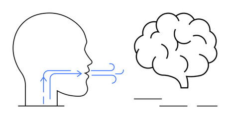 Human profile exhaling arrows toward a brain outline representing communication, speech, and understanding. Ideal for language, learning, cognition, neuroscience, psychology, education innovation