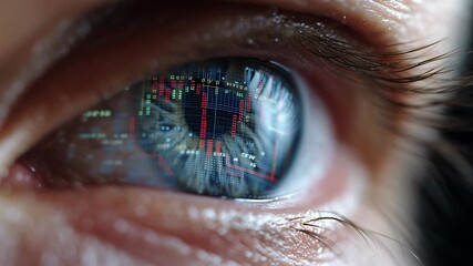 Human eye reflection showing stock market chart and data close up human eye reflecting digital stock market candlestick chart - Powered by Adobe
