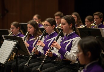 Fototapeta premium Focused young clarinet players in a school orchestra concert performance