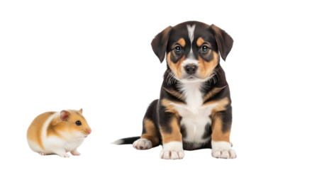 Cute tricolor puppy sitting next to a small brown and white hamster on white background, perfect for pet care or animal friendship themes