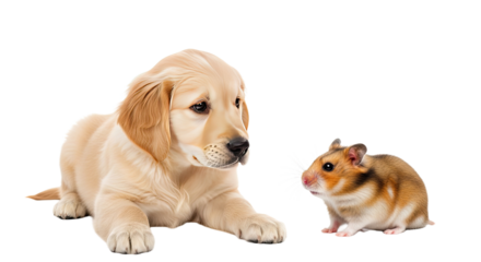 Golden retriever puppy and hamster facing each other isolated on white background, cute pet animals interaction, perfect for pet care and companionship themes