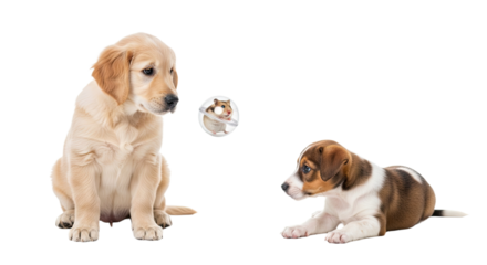 Golden retriever puppy and Jack Russell Terrier puppy playing with a soap bubble on white background, cute pets and playful moment