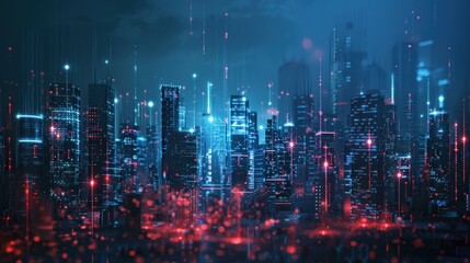 Digital network connecting futuristic smart city buildings at night, glowing blue and red lights illustrating data flow and advanced technology in urban landscape.