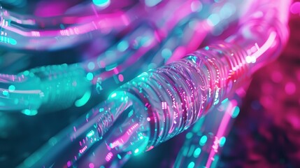 Vibrant glowing fiber optic cables with pink and teal light trails, symbolizing high-speed data transmission and futuristic digital network connectivity.