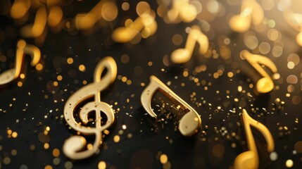 Elegant golden musical notes, treble clef, and eighth notes, sparkling with festive bokeh lights and scattered confetti on a dark background.