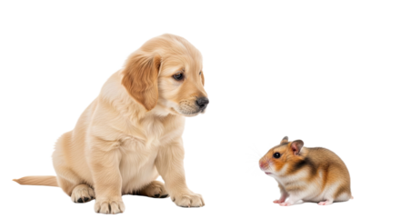 Golden retriever puppy looking curiously at a small hamster isolated on white background, perfect for pet care and animal friendship concepts