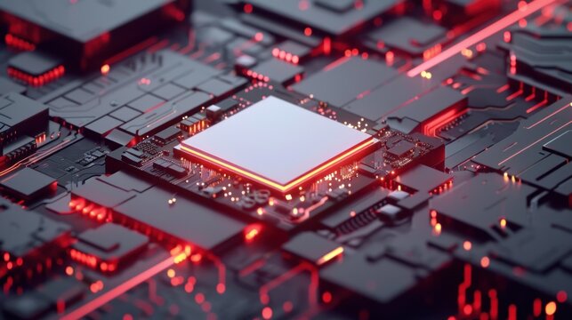 Glowing central processor on a circuit board, with red light trails indicating data flow, artificial intelligence, and advanced digital technology.