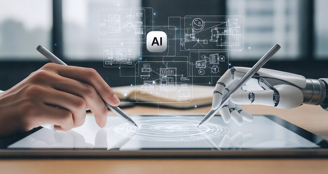 Artificial Intelligence Collaboration: Human Hand and Robotic Hand Using Stylus Pens on Digital Tablet with AI Diagrams - Powered by Adobe