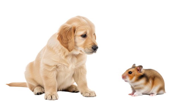Golden retriever puppy looking curiously at a small hamster isolated on white background, perfect for pet care and animal friendship concepts