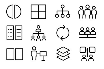 Role Division Basics outline icon set: split circle icon, divided square, branching arrows, people with roles, task list split, hierarchy chart, two-way division, team icon with
