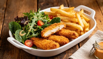 Fototapeta premium Crispy breaded chicken tenders with french fries and fresh side salad on a platter. Golden chicken strips, a classic pub food or appetizer. Delicious kids menu meal concept.