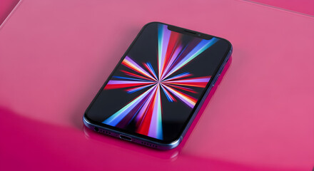 Smartphone displaying a colorful starburst pattern on a vibrant pink background
