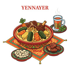 Couscous meat vegetables tea dates almonds food cuisine meal