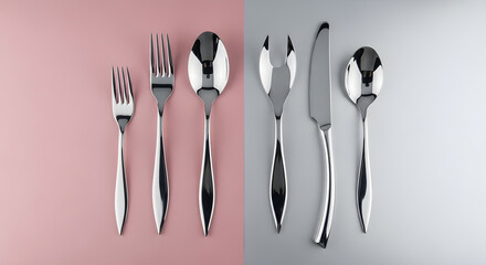 Elegant cutlery set arranged on a split pink and gray background for dining use