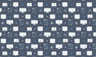 Seamless business and data analytics pattern with computer, chart, and calculator icons. Finance and technology background