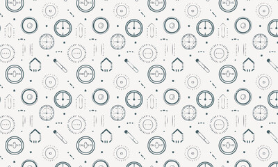 Seamless line art pattern with clock, house, and pencil icons. Business and architecture background