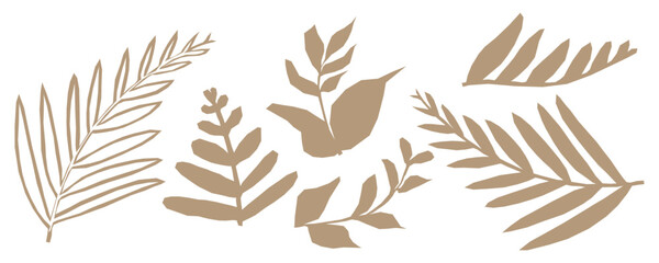 Geometric collage diy abstract leaves sticker set. Doodle foliage elements with cut out edges. Cutout paper scrapbook decoration leaf in modern vintage style. Isolated vector illustration for design.