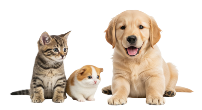 Golden retriever puppy with kitten and guinea pig sitting together isolated on white, perfect for pet care and animal friendship themes