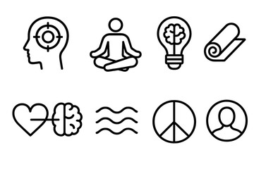 Mental Fitness outline icon set: mind focus icon, meditating pose, idea bulb, yoga mat, heart brain link, relaxation wave, peace symbol, mindfulness circle.