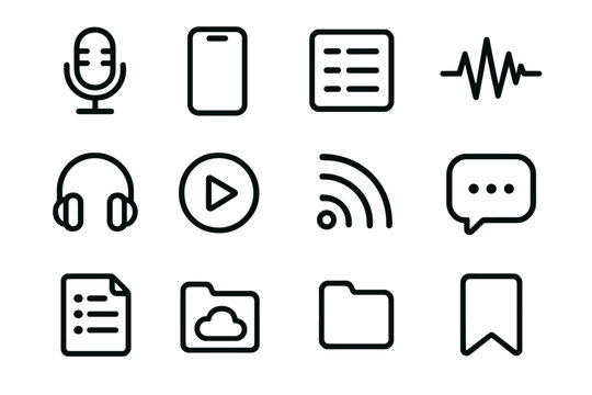 Podcast Apps outline icon set: microphone, smartphone, playlist, waveform, headphones, play icon, RSS symbol, chat bubble, folder, episode list, cloud, bookmark.