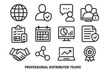 Professional Distributed Teams outline icon set: enterprise globe, verified team avatar, corporate chat icon, secure video platform, structured task tracker, KPI calendar,