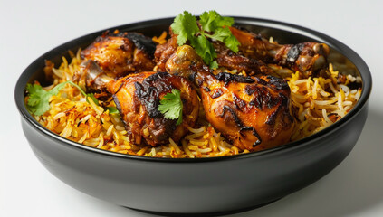 Delicious chicken biryani in a black bowl, garnished with fresh cilantro