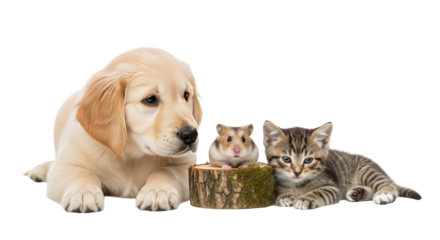 Golden retriever puppy, hamster and tabby kitten sitting together on wood stump isolated on white background, perfect for pet care and animal friendship themes
