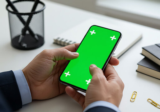 A man in a suit holds a smartphone with a green screen over a white desk with office supplies. - Powered by Adobe