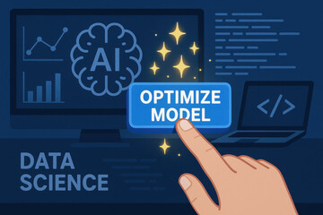 AI developer workspace with programmer optimizing model and data science concepts on screen in digital environment