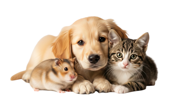 Golden retriever puppy, tabby cat, and hamster lying together, cozy pets bonding, perfect for pet care or animal themes