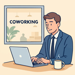 Vector illustration of a businessman working on a laptop with coffee in a coworking space