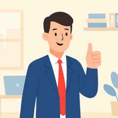 Flat vector of a business character giving thumbs up with positive expression in office background