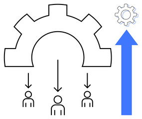 Obraz premium Gear mechanism distributing input to individuals with arrows denoting workflow in a system. Blue arrow indicating growth and advancement. Ideal for teamwork, organization, productivity, efficiency