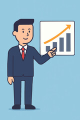 Vector illustration of a business character pointing at a growth chart with upward arrow