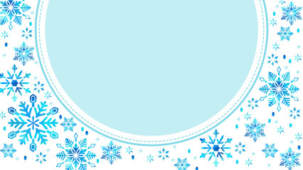 雪の結晶をあしらった16:9サイズのフレーム型背景、かわいい冬の素材
