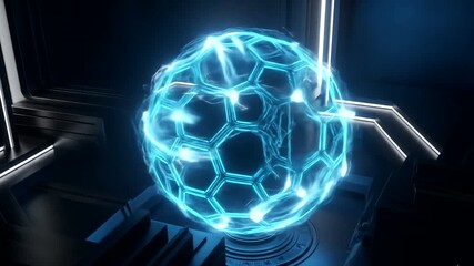 Futuristic holographic soccer ball glowing in a high-tech environment - Powered by Adobe