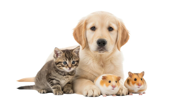 Golden retriever puppy, tabby kitten, and two hamsters sitting together on white background, perfect for pet care and animal friendship themes