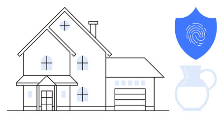 Two-story home with chimney, garage, and windows beside a blue shield with fingerprint and minimalist glass pitcher. Ideal for home security, technology, identity, protection, privacy, lifestyle