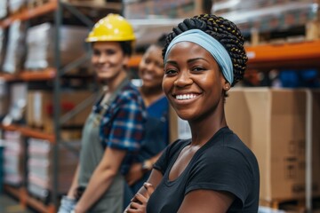 Smiling woman with colleagues in a warehouse setting