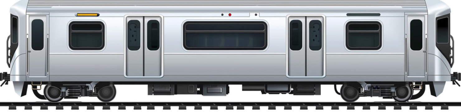 Modern silver subway train car on a white background