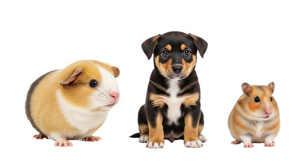 Obraz premium Guinea pig, small puppy, and hamster isolated on white background, cute pets together, perfect for pet care and animal-related content