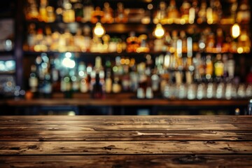 Wooden bar counter with blurred bottles in background