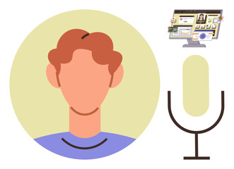 Person speaking into a microphone, desktop showcasing digital communication tools, collaboration. Ideal for podcasting, communication, technology, education, remote work media creativity. Simple