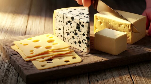 Assorted cheeses displayed on a wooden board with natural lighting