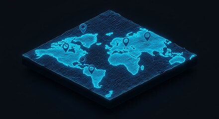 Futuristic world map hologram with location pins representing global connections