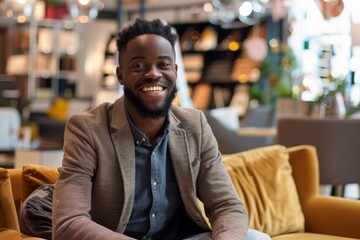 Obraz premium Smiling young man sitting on a couch in a modern interior