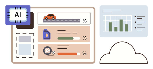 AI chip with vehicle performance details, fuel, tire health indicators, bar chart, and cloud storage. Ideal for automotive, technology, analytics, cloud computing innovation efficiency