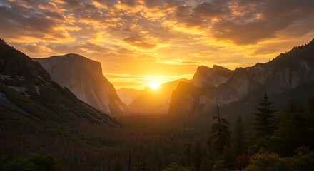 Obraz premium Golden Sunset Over Yosemite Valley with El Capitan and Half Dome Silhouetted.