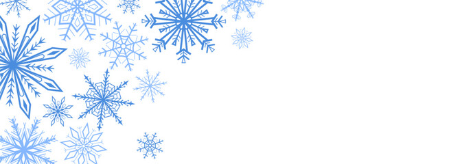 Vector illustration of blue snowflakes arranged in the top left corner on a white background. Minimal winter border design for Christmas cards, invitations, posters, or seasonal decoration